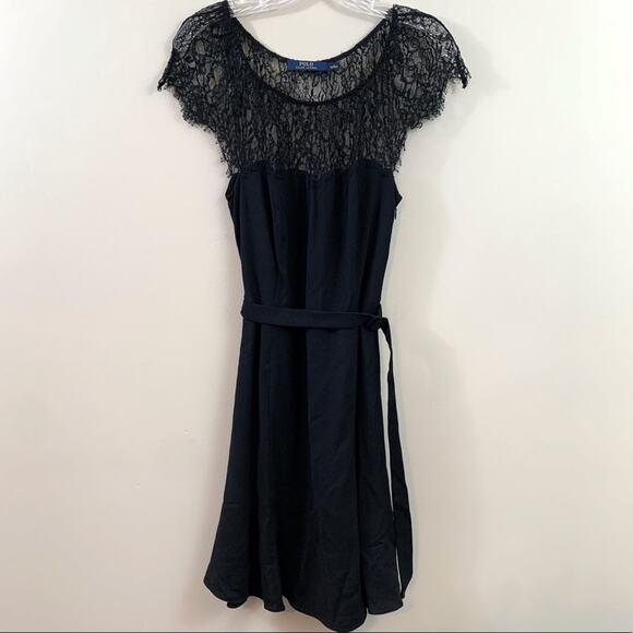 Polo Ralph Lauren Blue Label Belted Illusion Lace A-Line Black Dress - Picture 2 of 7